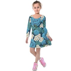 Blue Flowers Kids  Long Sleeve Velvet Dress by goljakoff