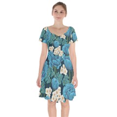 Blue Flowers Short Sleeve Bardot Dress by goljakoff