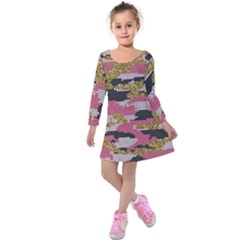 Abstract Glitter Gold, Black And Pink Camo Kids  Long Sleeve Velvet Dress by AnkouArts