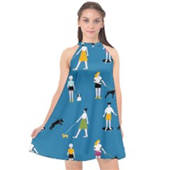 Girls Walk With Their Dogs Halter Neckline Chiffon Dress  by SychEva