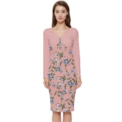 Flower Peach Blossom Long Sleeve V-neck Bodycon Dress  by flowerland