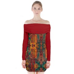 Red Abbey Abstract Animal Print Long Sleeve Off Shoulder Dress by MickiRedd