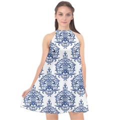 Blue And White Ornament Damask Vintage Halter Neckline Chiffon Dress  by ConteMonfrey