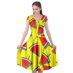 Yellow Watermelon Popsicle  Cap Sleeve Wrap Front Dress by ConteMonfrey