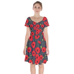 Background Poppies Flowers Seamless Ornamental Short Sleeve Bardot Dress by Ravend