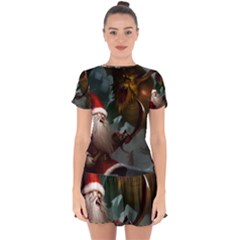 A Santa Claus Standing In Front Of A Dragon Low Drop Hem Mini Chiffon Dress by EmporiumofGoods