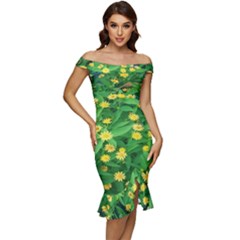 Flower Plant Spring Off Shoulder Ruffle Split Hem Bodycon Dress by artworkshop