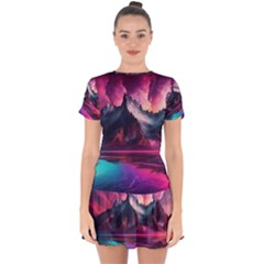 Ai Generated Mountain Ocean Lava Drop Hem Mini Chiffon Dress by Ravend