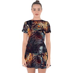 Leopard Feline Artwork Art Fantasy Drop Hem Mini Chiffon Dress by Ravend