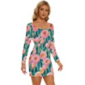 Blush Watercolor Flowers Long Sleeve Square Neck Bodycon Velvet Dress View3