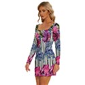 Dazzling Watercolor Flowers Long Sleeve Square Neck Bodycon Velvet Dress View2