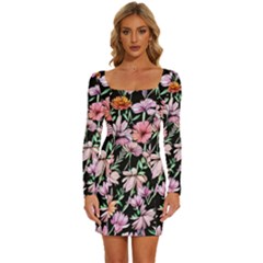 Clustered Watercolor Flowers Long Sleeve Square Neck Bodycon Velvet Dress by GardenOfOphir