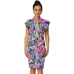 Majestic Watercolor Flowers Vintage Frill Sleeve V-neck Bodycon Dress by GardenOfOphir