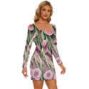 Ottagecore Aesthetics Retro Flowers Pattern Long Sleeve Square Neck Bodycon Velvet Dress View3