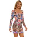 Boho Botanical Flowers Long Sleeve Square Neck Bodycon Velvet Dress View3