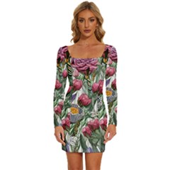 Watercolor Tropical Flowers Long Sleeve Square Neck Bodycon Velvet Dress by GardenOfOphir