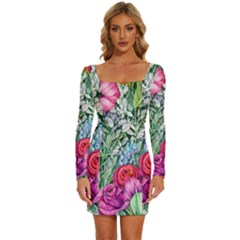 Cottagecore Tropical Flowers Long Sleeve Square Neck Bodycon Velvet Dress by GardenOfOphir