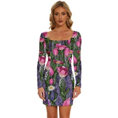 Cheerful Watercolor Flowers Long Sleeve Square Neck Bodycon Velvet Dress by GardenOfOphir