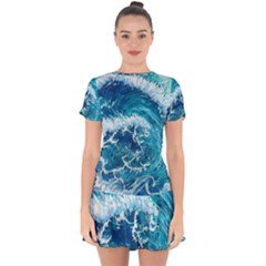 Abstract Blue Ocean Waves Iii Drop Hem Mini Chiffon Dress by GardenOfOphir