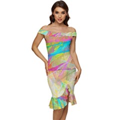 Abstract-14 Off Shoulder Ruffle Split Hem Bodycon Dress by nateshop