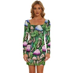 Mushrooms In The Woods Long Sleeve Square Neck Bodycon Velvet Dress by GardenOfOphir