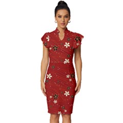 Flowers-106 Vintage Frill Sleeve V-neck Bodycon Dress by nateshop