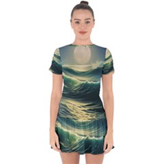 Ocean Sea Waves Tide Drop Hem Mini Chiffon Dress by Simbadda