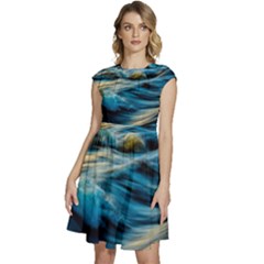 Waves Wave Water Blue Sea Ocean Abstract Cap Sleeve High Waist Dress by Salman4z