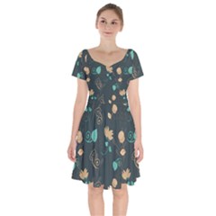 Flowers Leaves Pattern Seamless Green Background Short Sleeve Bardot Dress by Ravend