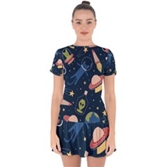 Seamless-pattern-with-funny-aliens-cat-galaxy Drop Hem Mini Chiffon Dress by Salman4z