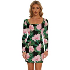 Flower Roses Pattern Floral Nature Long Sleeve Square Neck Bodycon Velvet Dress by danenraven