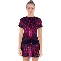 Peacock Pink Black Feather Abstract Drop Hem Mini Chiffon Dress by Wav3s