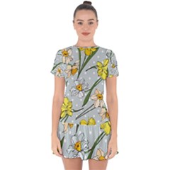 Narcissus Floral Botanical Flowers Drop Hem Mini Chiffon Dress by Cowasu