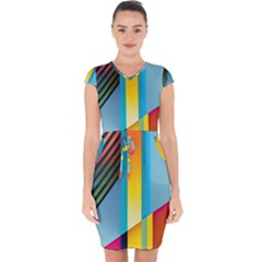 Colorful Rainbow Stripe Pattern Capsleeve Drawstring Dress  by Vaneshop