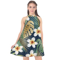 Seamless-pattern-with-tropical-strelitzia-flowers-leaves-exotic-background Halter Neckline Chiffon Dress  by uniart180623