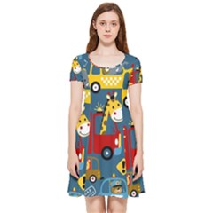 Seamless Pattern Vehicles Cartoon With Funny Drivers Inside Out Cap Sleeve Dress by Simbadda