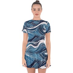 Abstract Blue Ocean Wave Drop Hem Mini Chiffon Dress by Jack14