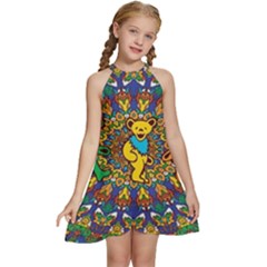 Grateful Dead Pattern Kids  Halter Collar Waist Tie Chiffon Dress by Sarkoni