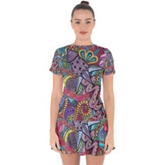 Psychedelic Flower Red Colors Yellow Abstract Psicodelia Drop Hem Mini Chiffon Dress by Modalart