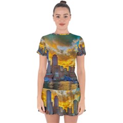 Boston Skyline Cityscape River Drop Hem Mini Chiffon Dress by Sarkoni