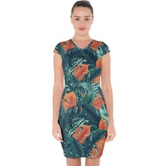 Green Tropical Leaves Capsleeve Drawstring Dress  by Jack14