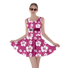 Hot Pink Hawaii Red Pattern With Hibiscus Flowers On Red  Skater Dress by CoolDesigns