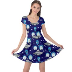 Rick Morty Space Navy Blue Colorful Space With Cute Rocket Cap Sleeve Dress by CoolDesigns