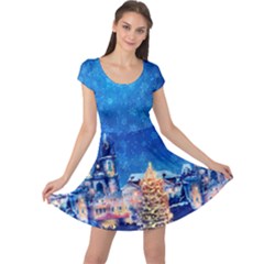 Blue Xmas City Lights Snow Double Sided Cap Sleeve Dress by CoolDesigns