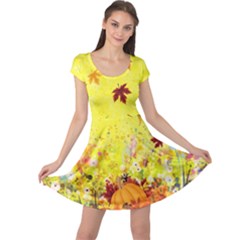 Yellow Vintage Floral Flower Maple Leaves Cap Sleeve Dress by CoolDesigns