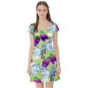 Rainbow Green Yellow Unicorn Poop Print Short Sleeve Skater Dress View1