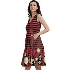 Checkered Red Alice Wonderland Print Sleeveless V-neck Skater Dress With Pockets by CoolDesigns