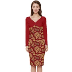 Vintage Dragon Chinese Red Amber Long Sleeve V-neck Bodycon Dress  by DimSum