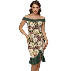 Floral Leaf Chain Patchwork Pattern 2 Off Shoulder Ruffle Split Hem Bodycon Dress by flowerland