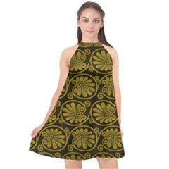 Yellow Floral Pattern Floral Greek Ornaments Halter Neckline Chiffon Dress  by nateshop